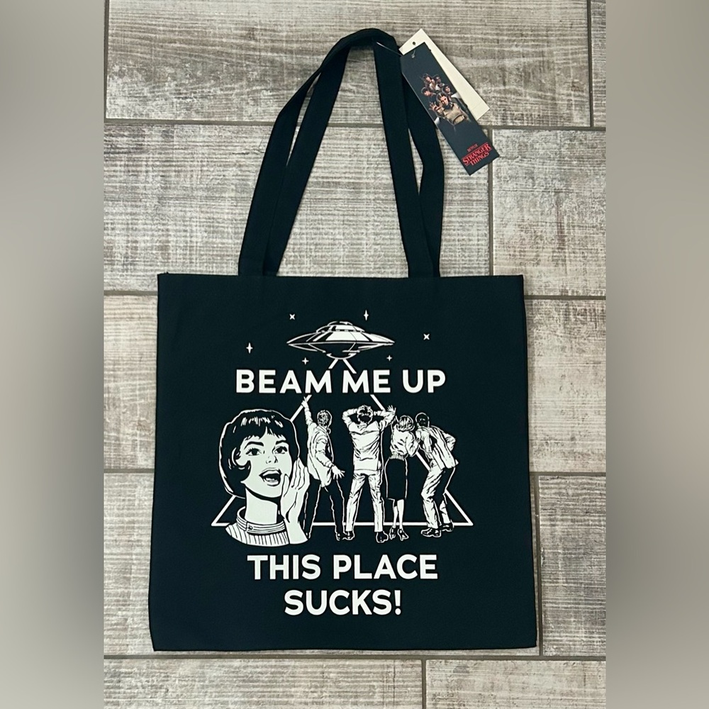 Stranger Things “Beam me up, this place sucks!” Black Tote Bag NWT